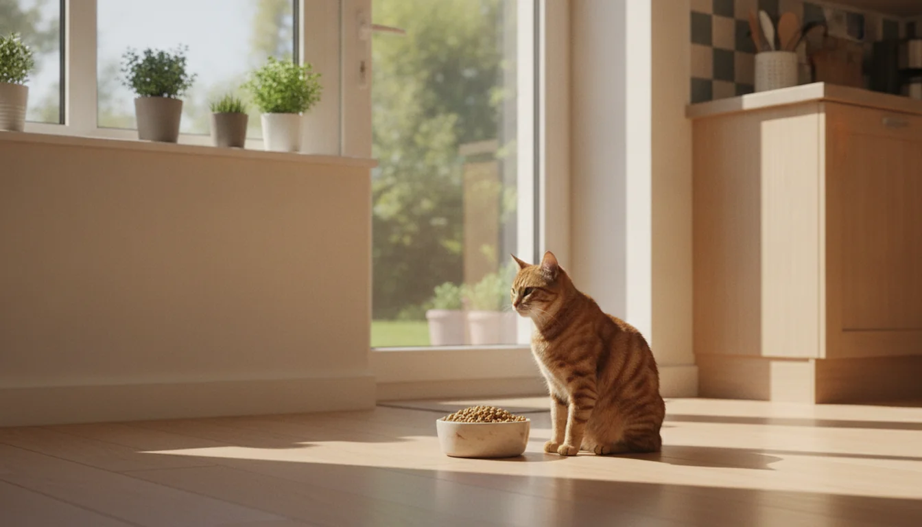 Gato adulto sentado junto a un plato con una ración medida de pienso