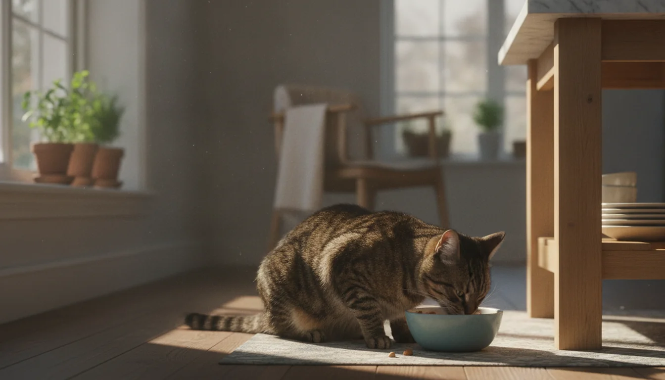 Gato adulto comiendo de un cuenco en una cocina luminosa con luz natural cálida