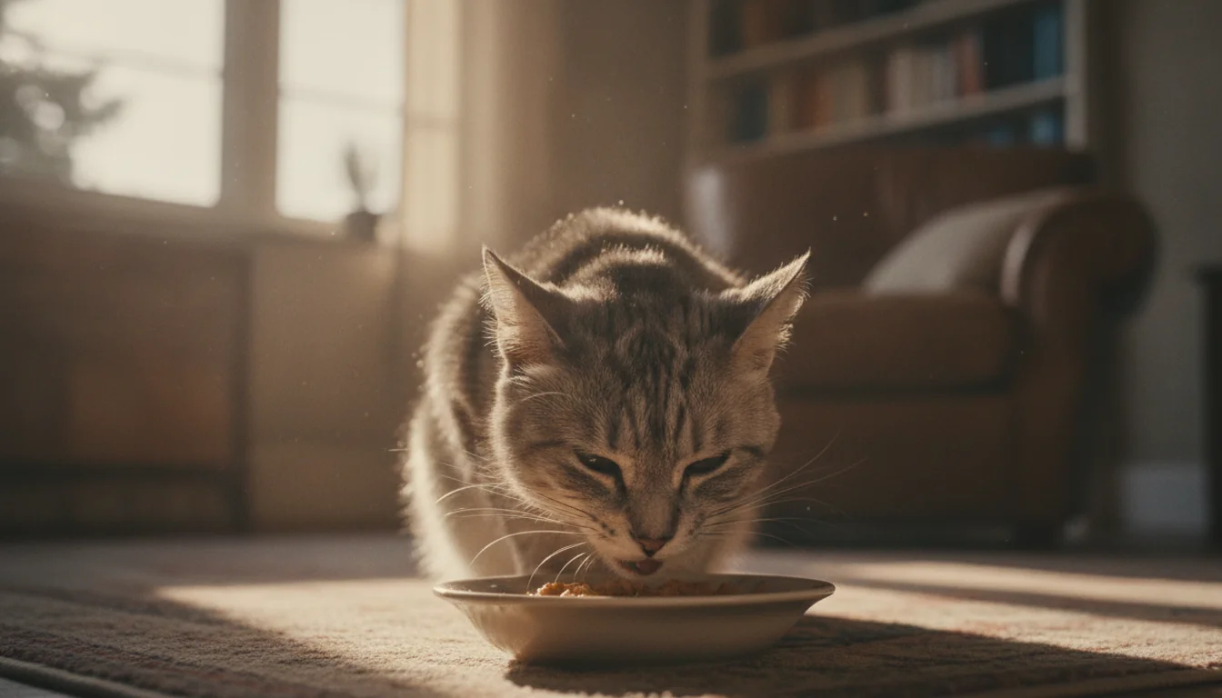 Gato senior comiendo despacio de un cuenco bajo en un ambiente hogareño con luz cálida