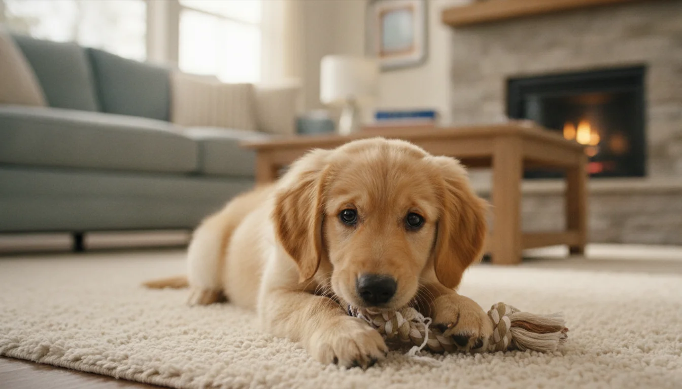 Cachorro mordisqueando un juguete de cuerda en el suelo de una sala de estar