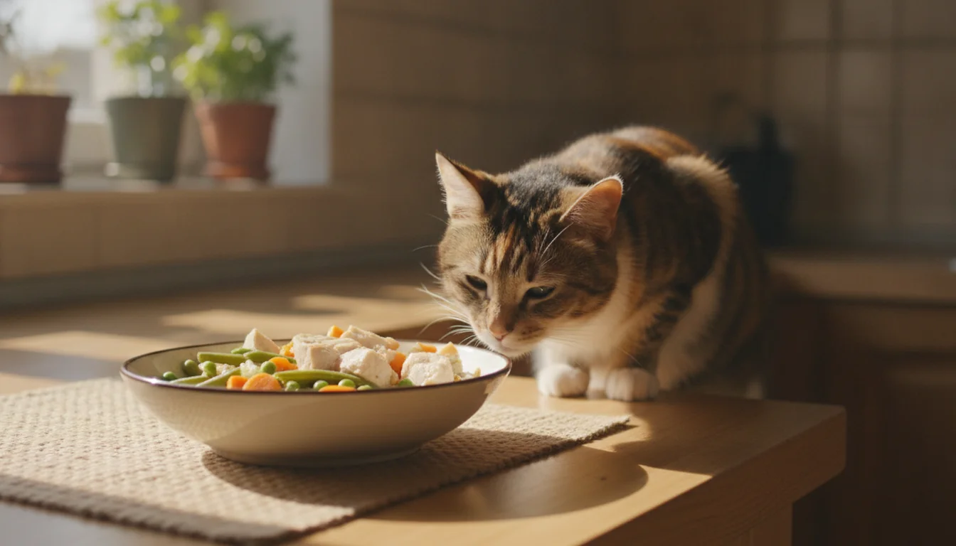 Gato oliendo un plato con trozos de pollo cocido y verduras sobre una encimera de cocina