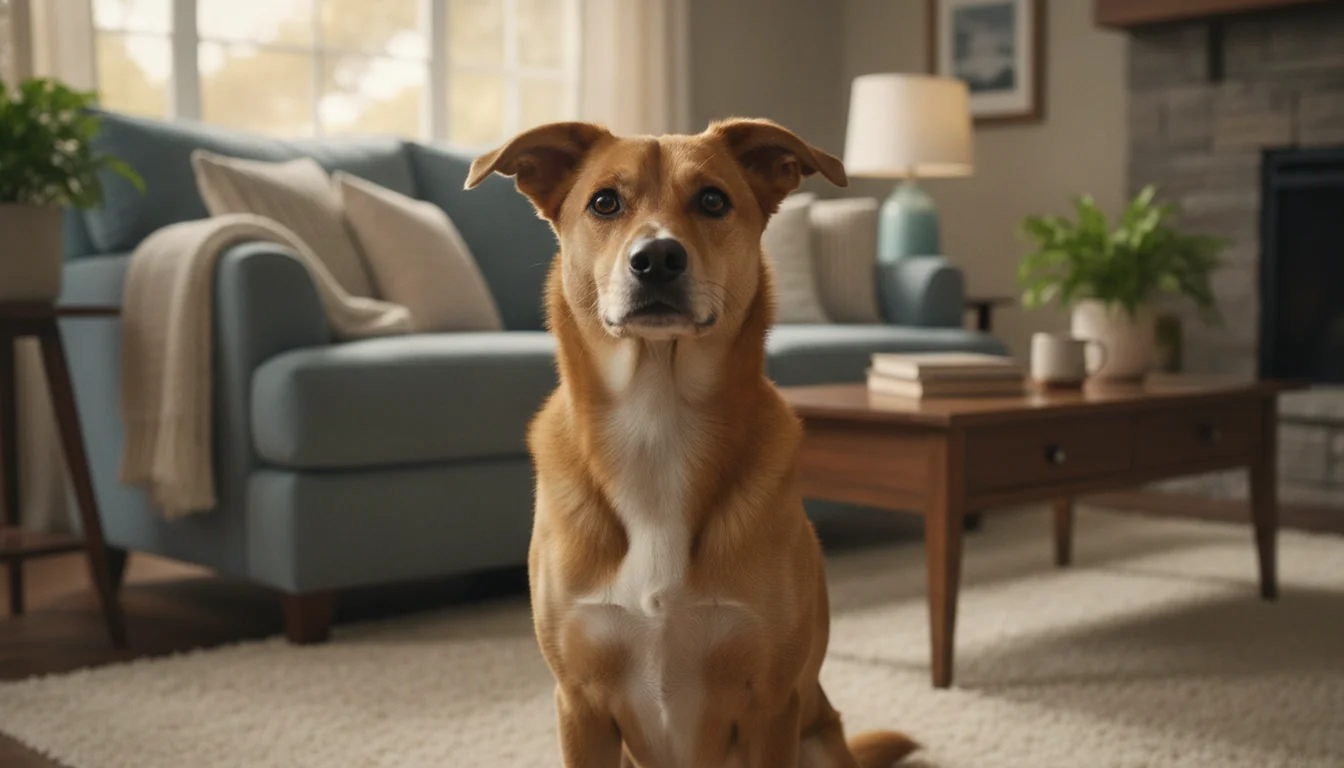 Perro mediano sentado y atento en el salón de una casa con luz natural cálida