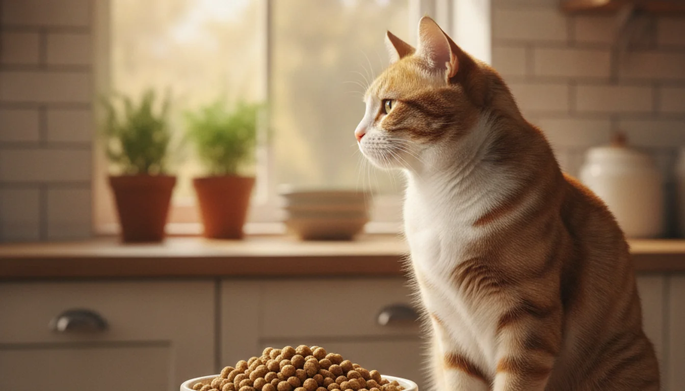 Gato doméstico sentado frente a un cuenco de comida lleno, mirando hacia otro lado con desinterés, en una cocina luminosa