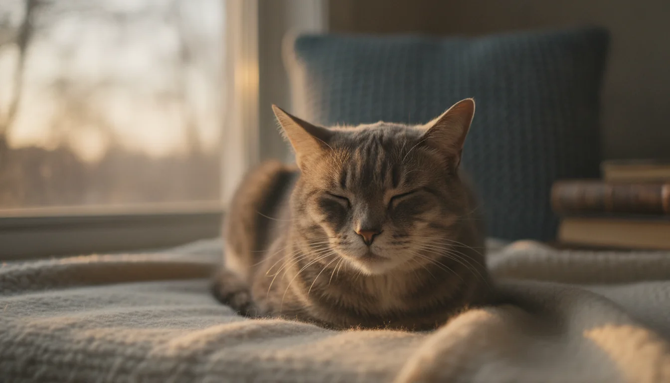 Gato senior de pelaje grisáceo descansando plácidamente junto a una ventana con luz cálida de atardecer