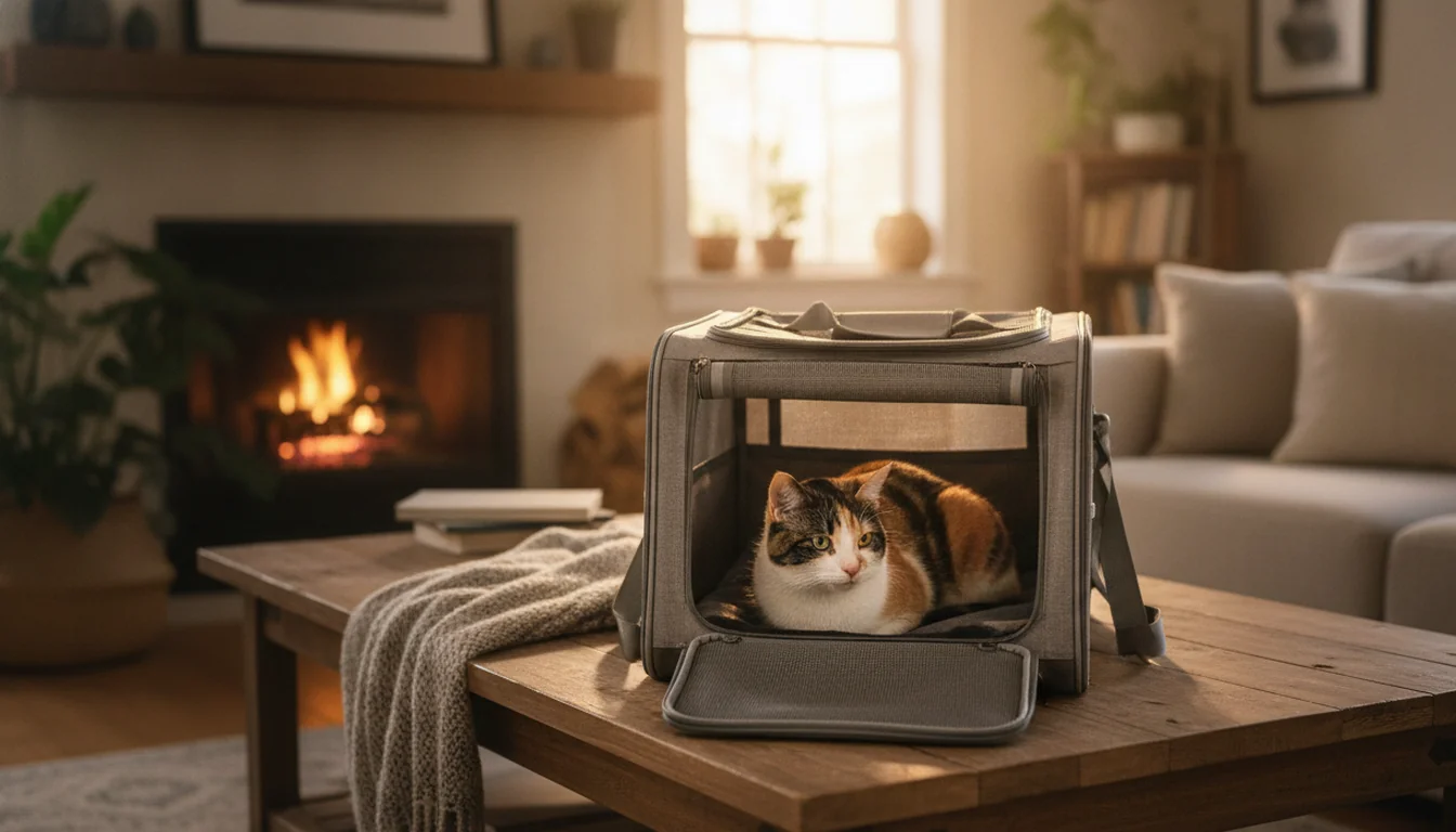 Gato dentro de un transportín abierto sobre una mesa en un ambiente hogareño