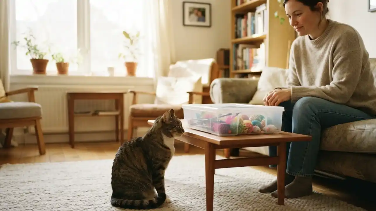 Gato sentado junto a una caja de juguetes pequeños guardados fuera de su alcance — prevención de atragantamiento en gatos