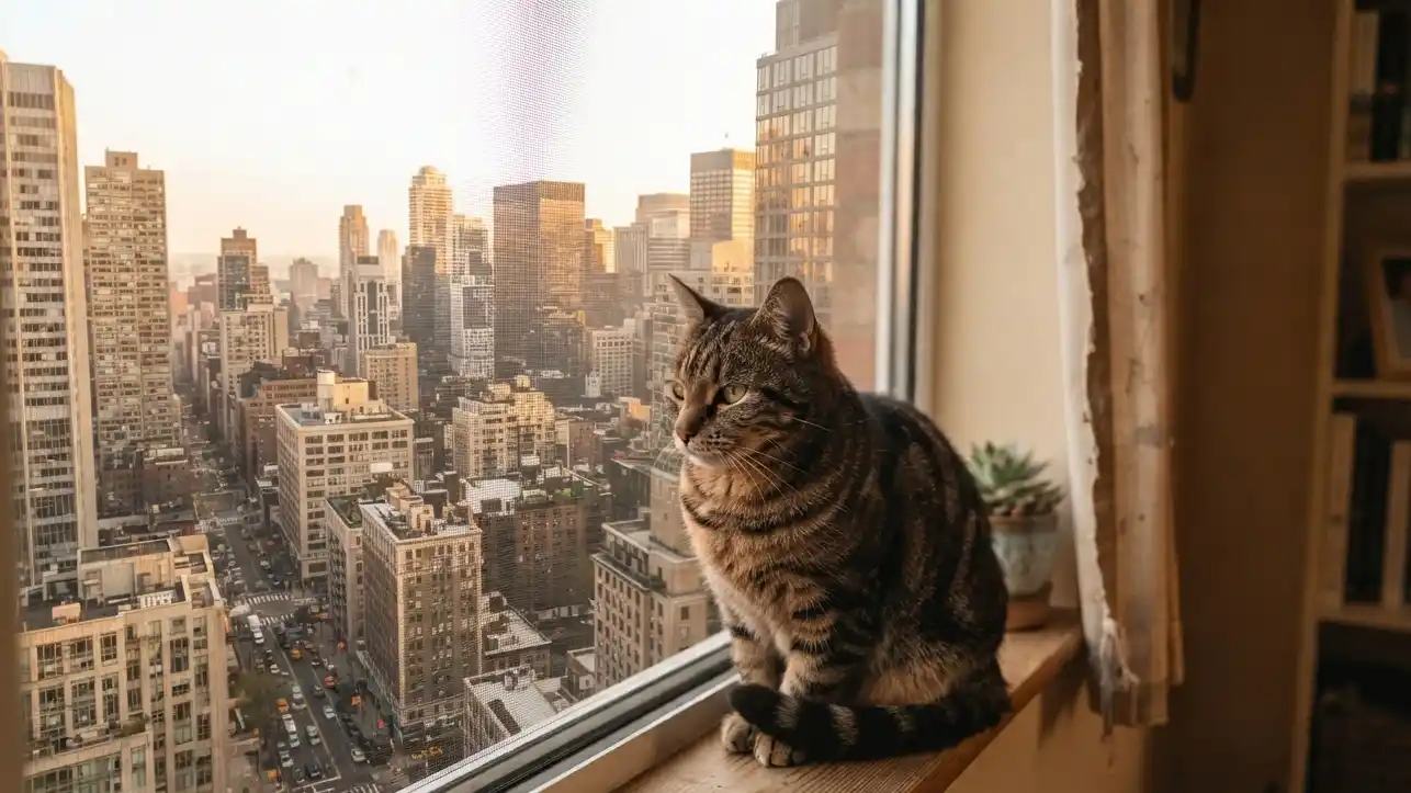 Gato sentado junto a una ventana con mosquitera de protección — prevención de caídas y traumatismos en gatos