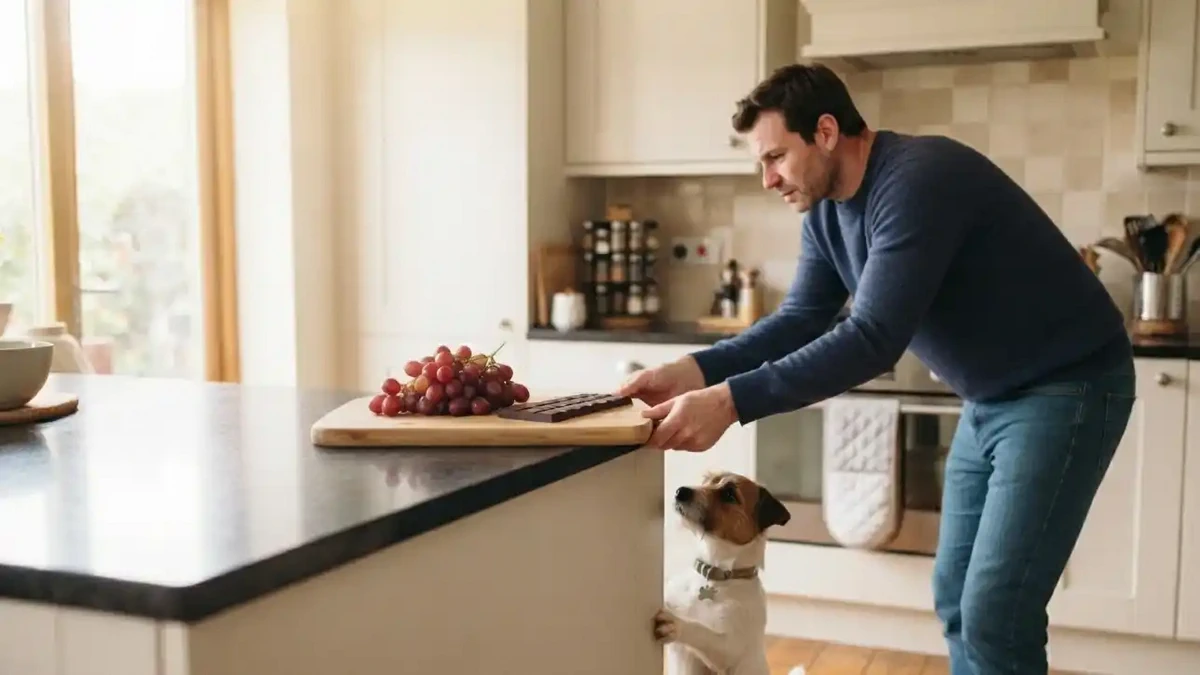Perro oliendo una tabla con chocolate y uvas fuera de su alcance en la cocina — alimentos tóxicos para perros y gatos