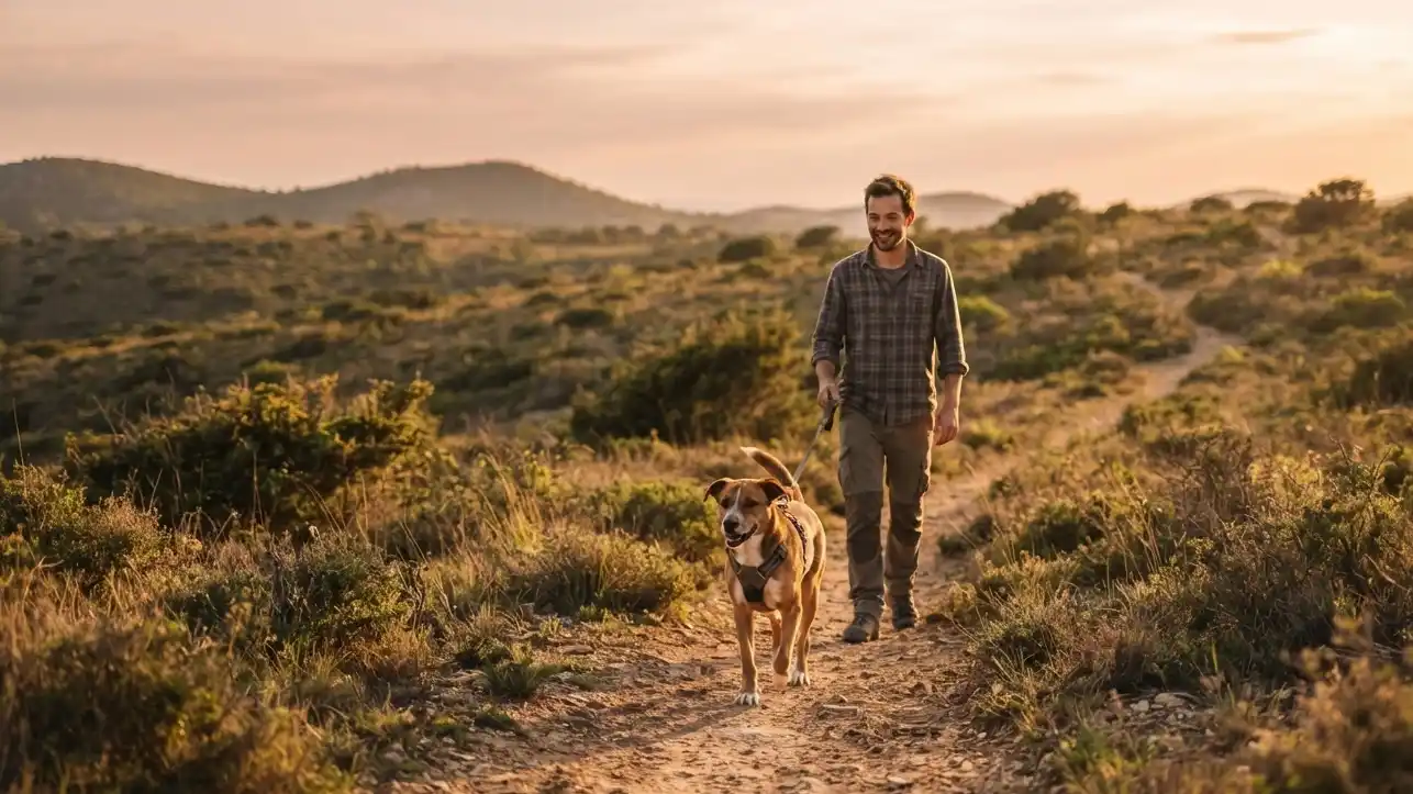 Perro paseando con correa junto a su dueño por un sendero de monte con vegetación baja — prevención de picaduras y mordeduras