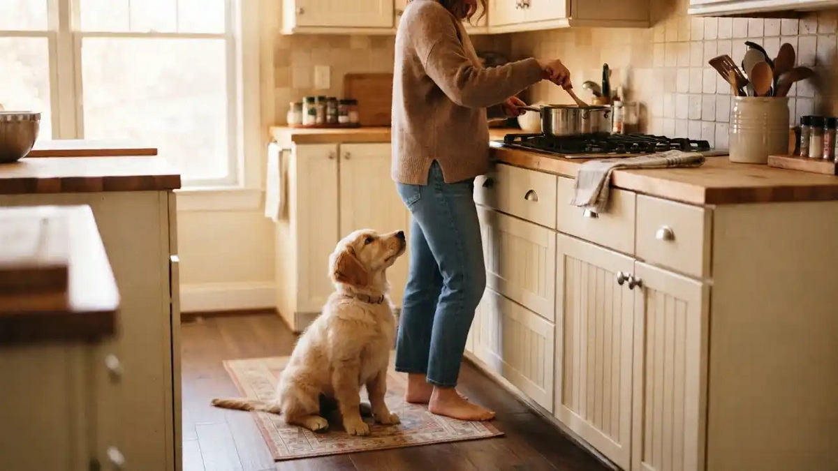 Perro pequeño sentado a distancia segura de la cocina protegido por una valla — prevención de quemaduras domésticas