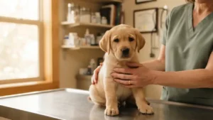 Cachorro de labrador tranquilo sobre la mesa de exploración durante su revisión de vacunación