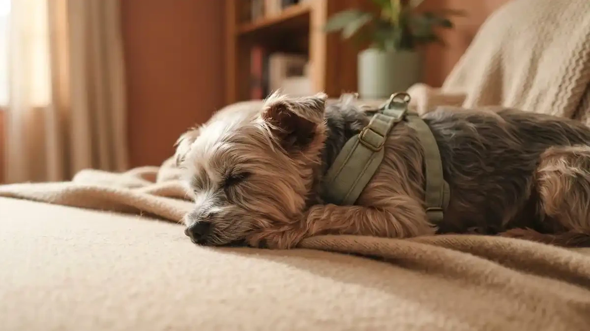 Perro pequeño mayor con arnés descansando en casa