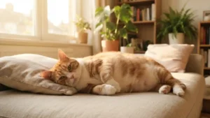 Gato doméstico con sobrepeso tumbado de costado en un sofá