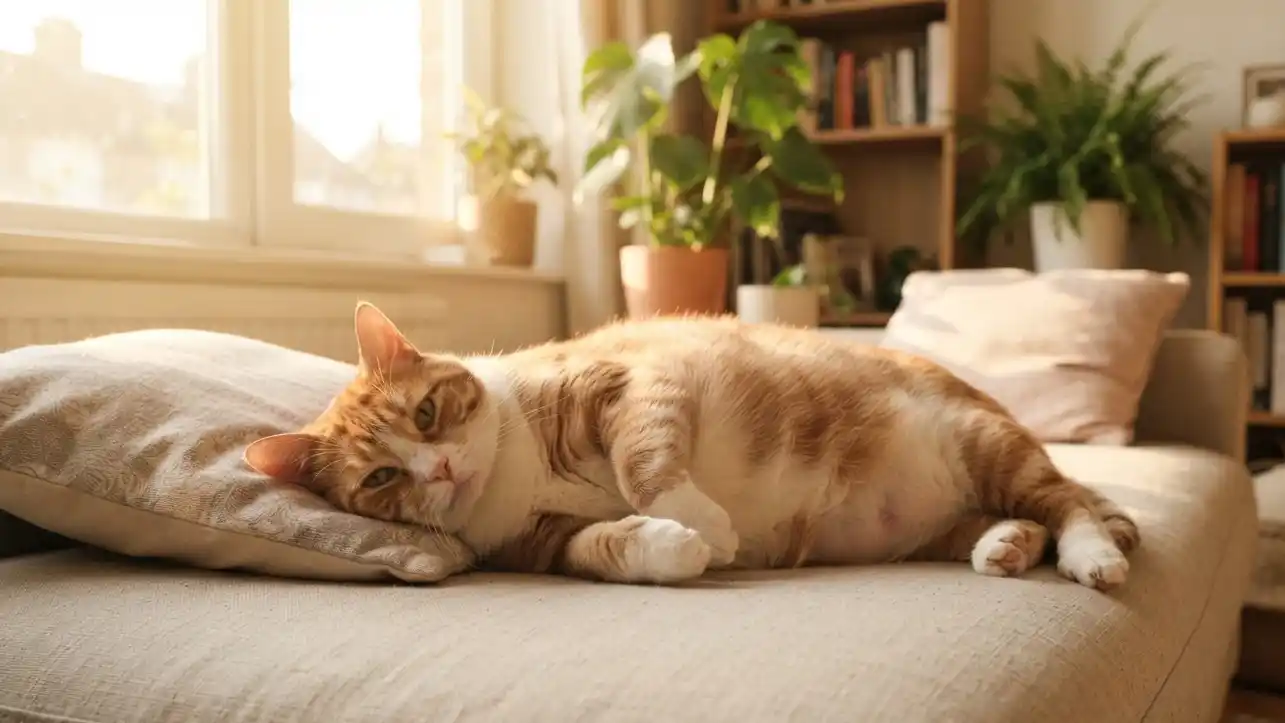 Gato doméstico con sobrepeso tumbado de costado en un sofá