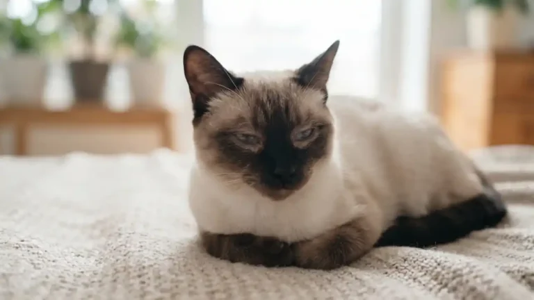 Gato siamés adulto tumbado sobre una manta, con los ojos entrecerrados y aspecto decaído