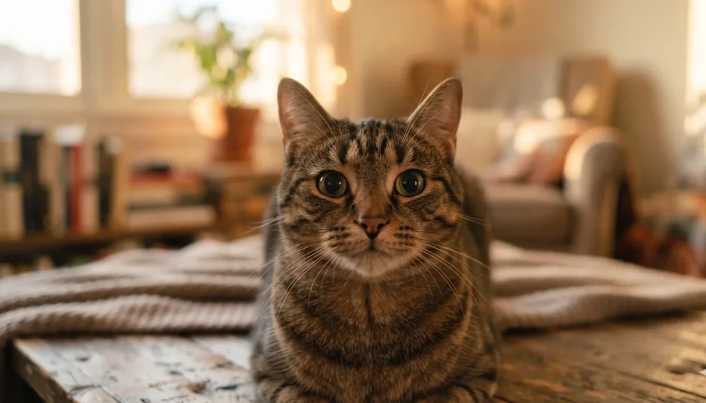 Hipertensión en gatos: síntomas, causas y tratamiento 7 Gato atigrado con las pupilas muy dilatadas mirando de frente en un salón con luz cálida