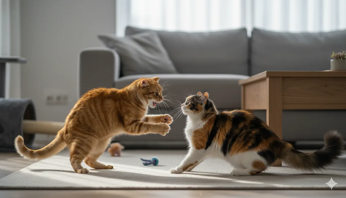 Mis gatos se pelean: por qué ocurre y cómo hacer que se lleven bien 1 Dos gatos (uno atigrado naranja y uno calicó) en pose de juego rudo o confrontación en un salón, mostrando interacción felina intensa.