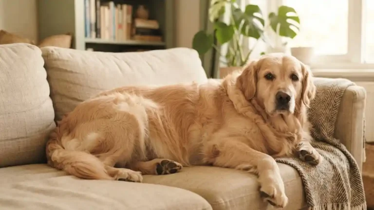 Golden Retriever obeso tumbado en un sofá beige en un salón luminoso, ilustrando el sobrepeso canino.