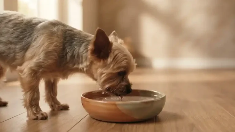 Perro pequeño bebiendo agua de un bebedero en el suelo