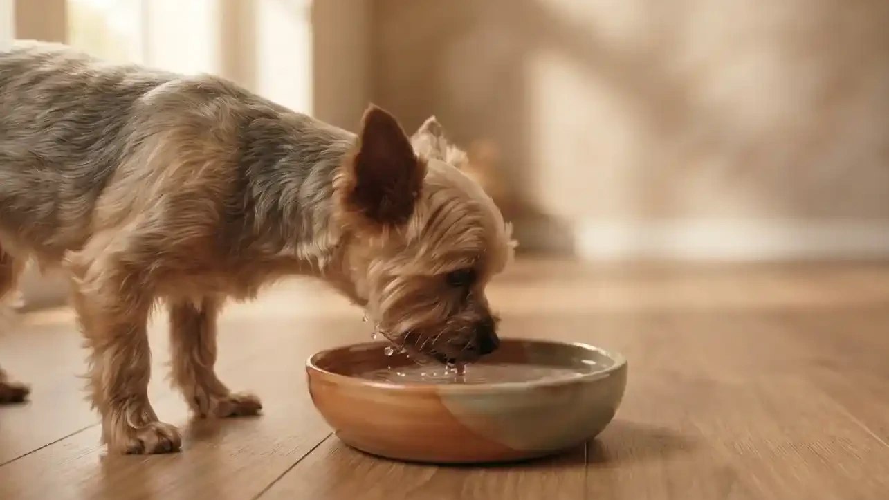 Por qué tu perro tose al beber agua: del susto al colapso traqueal 1 Perro pequeño bebiendo agua de un bebedero en el suelo