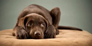 Perro de pelo marrón tumbado y cabizbajo sobre una cama