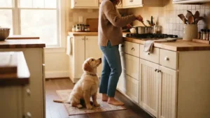 Perro pequeño sentado a distancia segura de la cocina protegido por una valla — prevención de quemaduras domésticas