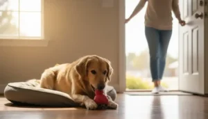 🐶 Cómo acostumbrar a un perro a estar solo en casa (paso a paso) 3 Golden retriever tumbado en su cama con un juguete mientras su dueña sale por la puerta