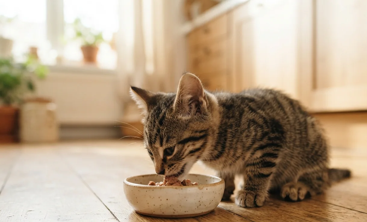 Alimentación del gatito: cuánto y qué darle de comer (0-12 meses) 1 Gatito atigrado comiendo de un cuenco de cerámica en el suelo de una cocina — alimentación del gatito de 0 a 12 meses