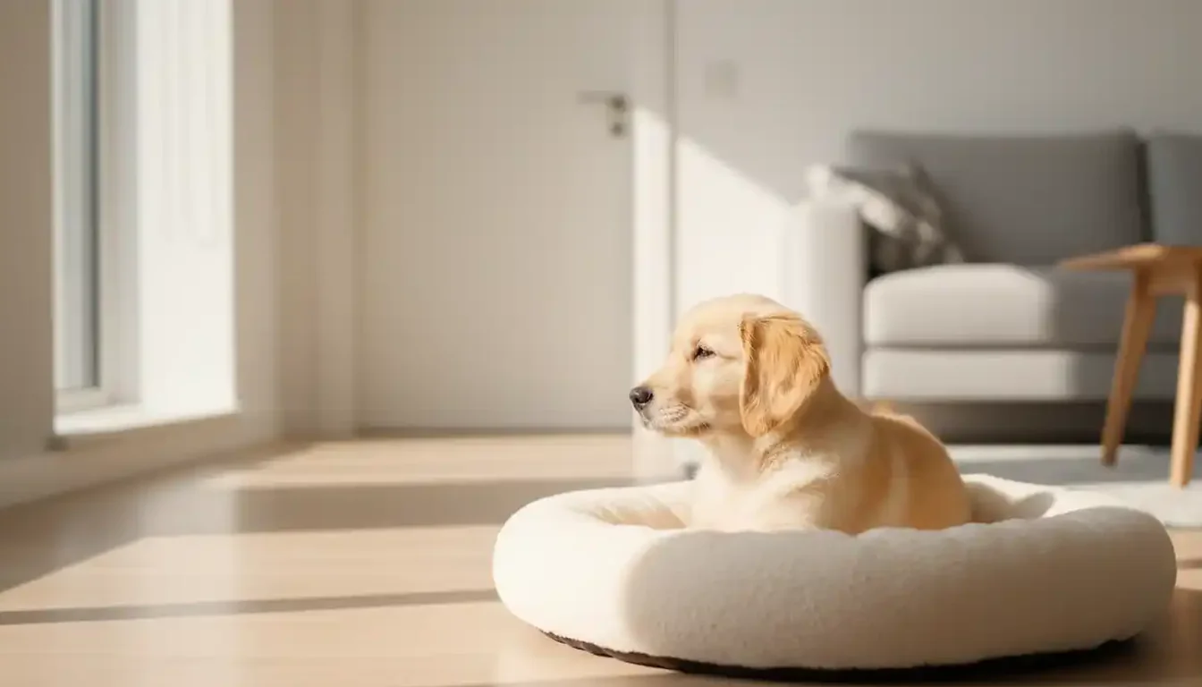 🐶 Cómo dejar solo a un cachorro por primera vez (sin que sufra ansiedad) 1 Cachorro de labrador descansando tranquilo en su cama redonda