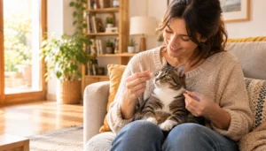 Cómo dar pastillas a un gato: métodos que funcionan 9 Persona sujetando con suavidad a su gato en el regazo para darle una pastilla en casa