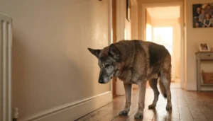 Síndrome de disfunción cognitiva en perros y gatos: el alzheimer animal 13 Perro senior de hocico canoso parado y desorientado frente a la pared del pasillo de casa