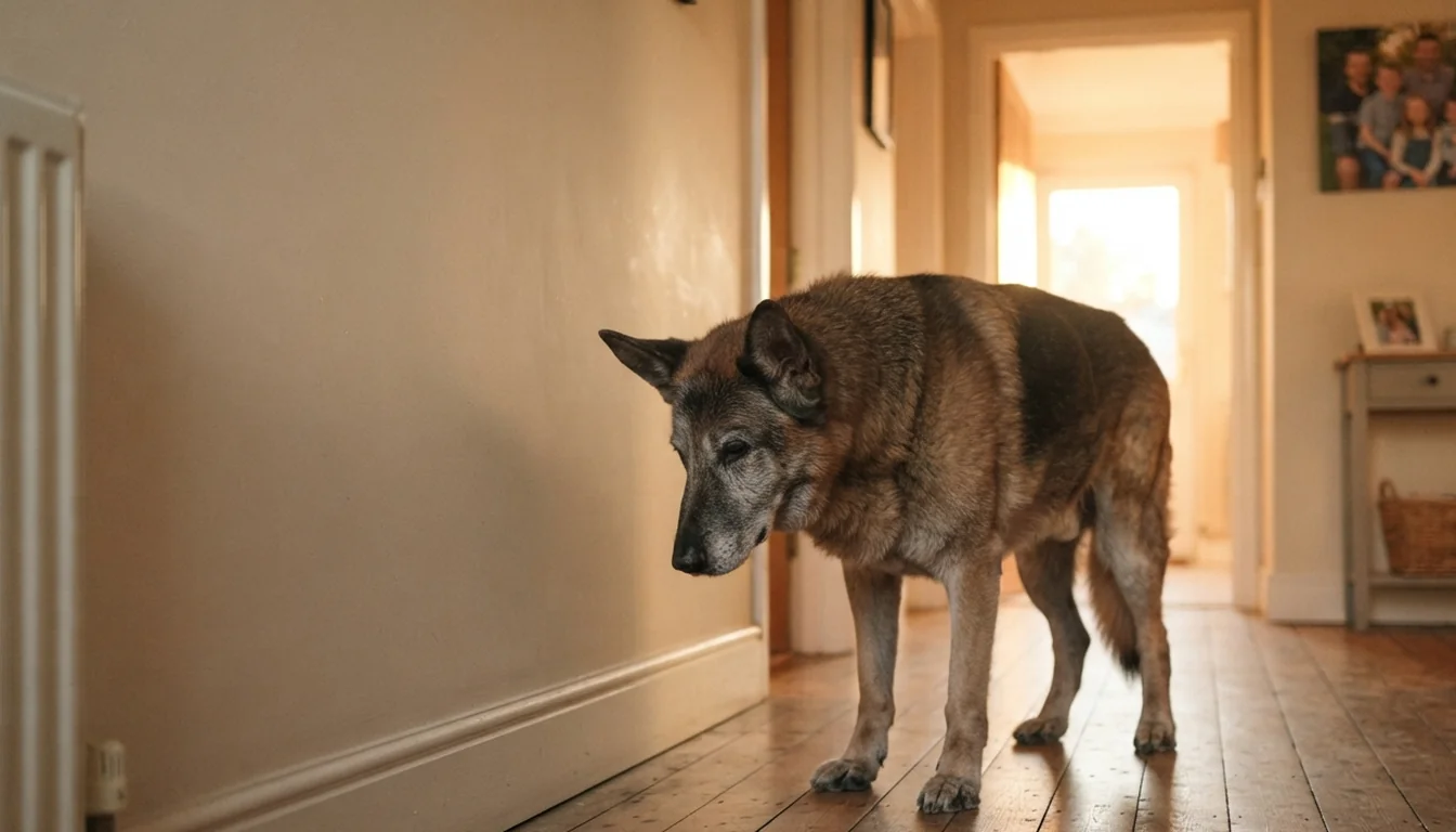 Síndrome de disfunción cognitiva en perros y gatos: el alzheimer animal 1 Perro senior de hocico canoso parado y desorientado frente a la pared del pasillo de casa