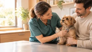 Endocardiosis valvular en perros: síntomas, diagnóstico y tratamiento 4 Veterinaria auscultando el corazón de un perro pequeño en brazos de su dueño durante la consulta