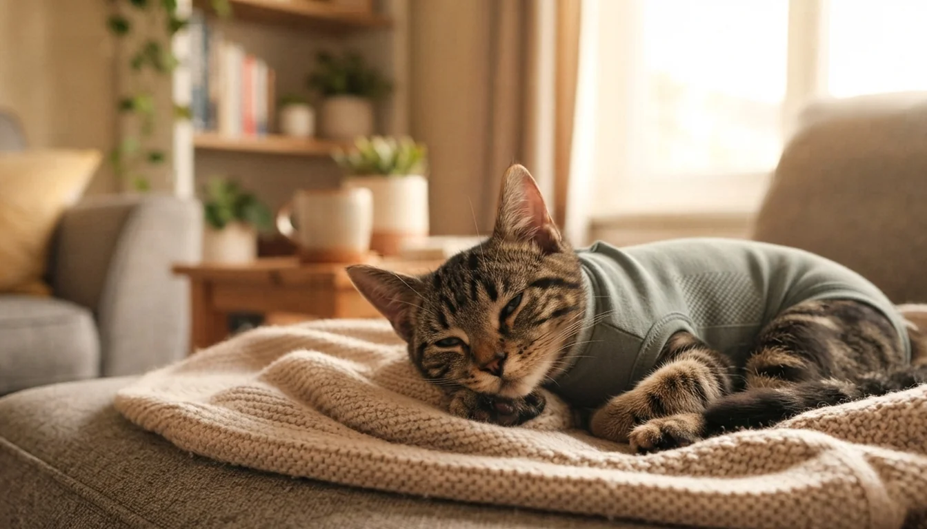 Gata joven descansando tranquila en el sofá con body quirúrgico tras la esterilización