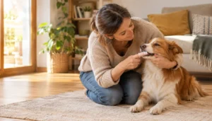 Persona cepillando los dientes a su perro con un cepillo de dedo en el salón de casa