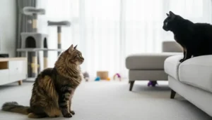 Cómo introducir dos gatos adultos (Guía completa sin peleas) 10 Dos gatos adultos, uno atigrado y otro negro, se observan a distancia en el salón