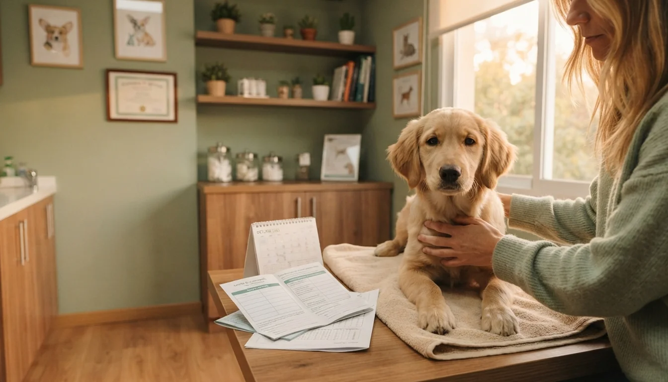 Cachorro de golden retriever tumbado sobre una toalla en la mesa de consulta junto a su cartilla de vacunación