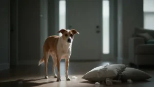 🐶 Mi perro destroza la casa cuando está solo: causas y cómo solucionarlo 4 Perro mestizo junto a un cojín destrozado en el salón tras quedarse solo