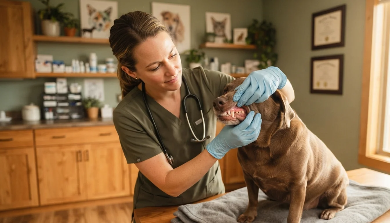 Veterinaria revisando los dientes y las encías de un perro tranquilo durante una revisión dental