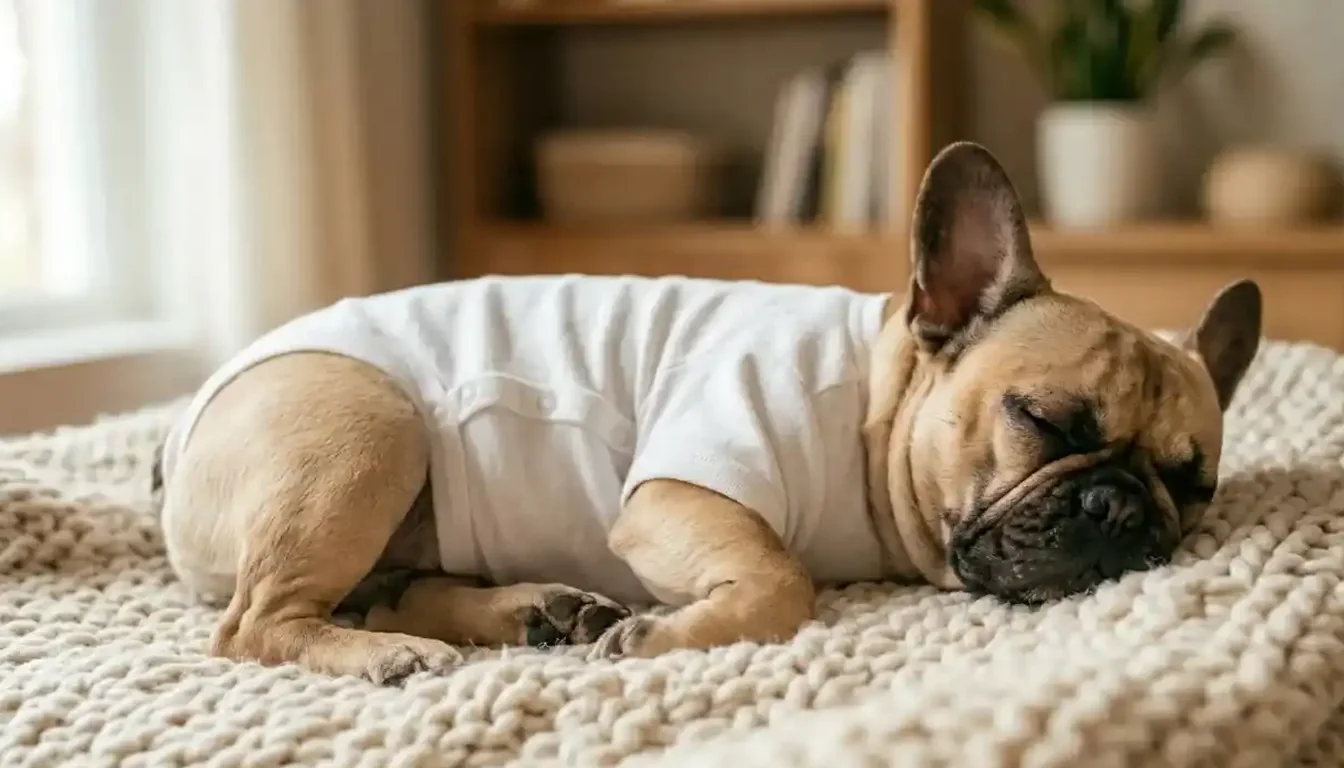 Bulldog francés durmiendo con body postquirúrgico sobre una manta