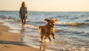 Perro corriendo por la orilla de una playa al atardecer con su dueña al fondo