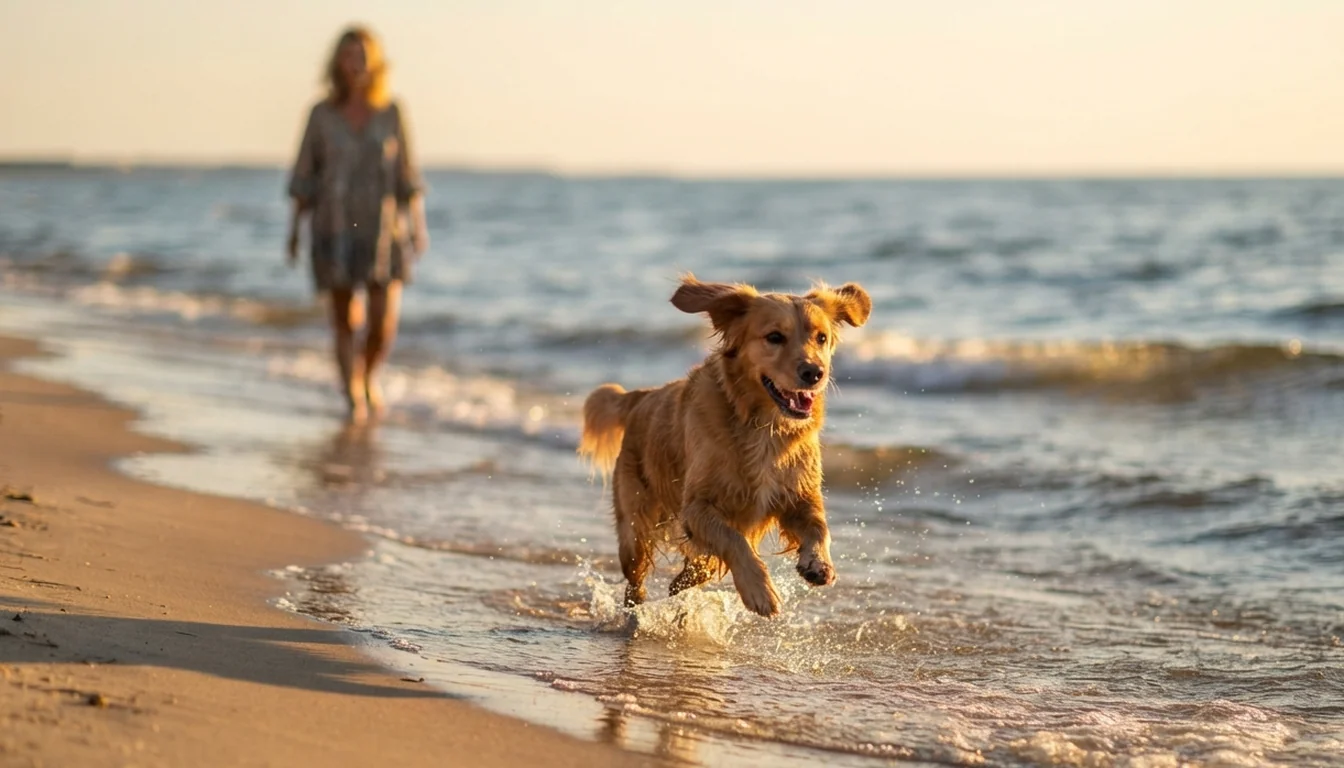 Playas para perros en España: cómo encontrarlas y disfrutarlas de forma segura 1 Perro corriendo por la orilla de una playa al atardecer con su dueña al fondo