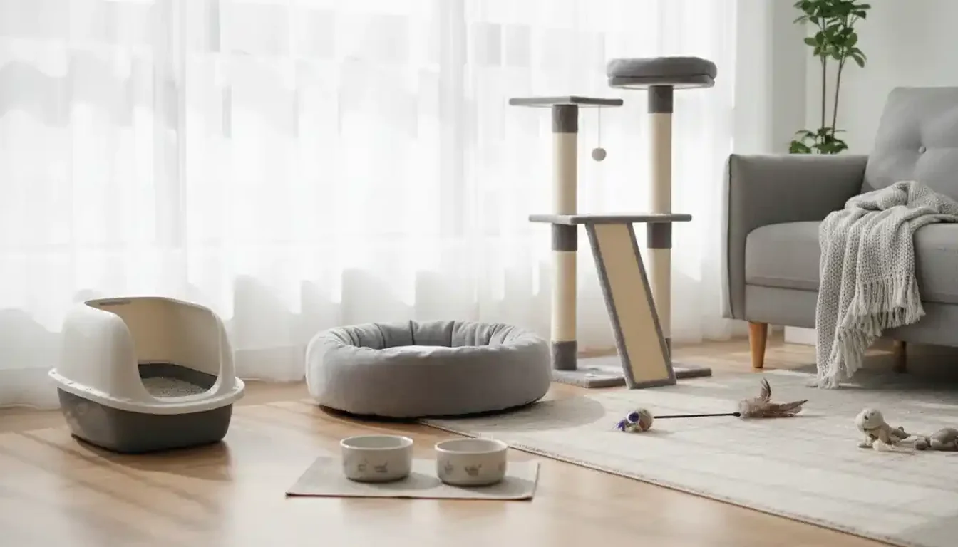 Salón preparado para la llegada de un gato: arenero, cama, rascador, comederos y juguetes