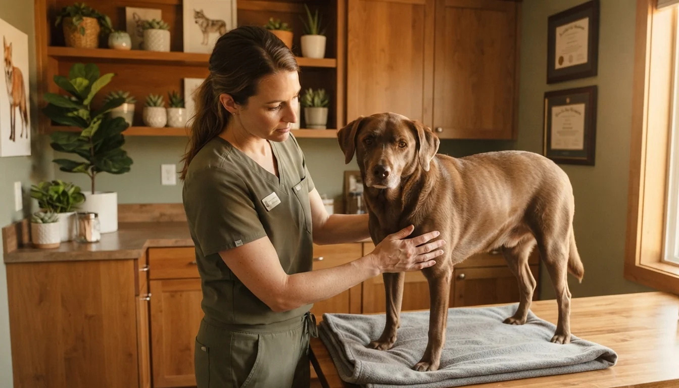 Problemas de próstata en perros: síntomas, tipos y tratamiento 1 Veterinario explorando con suavidad el abdomen de un perro adulto tranquilo en la consulta