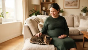 Mujer embarazada acariciando a su gato sentada tranquilamente en el sofá de casa