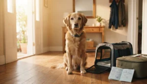 Viajar con tu mascota a Reino Unido: requisitos actualizados 2026 10 Perro sentado junto a su transportín, su maleta y su cartilla de vacunación listos para viajar