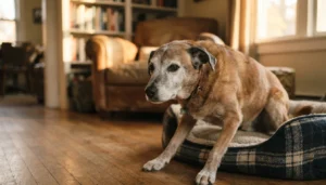 Perro senior levantándose con esfuerzo de su cama, un signo de dolor por artrosis que suele achacarse a la edad