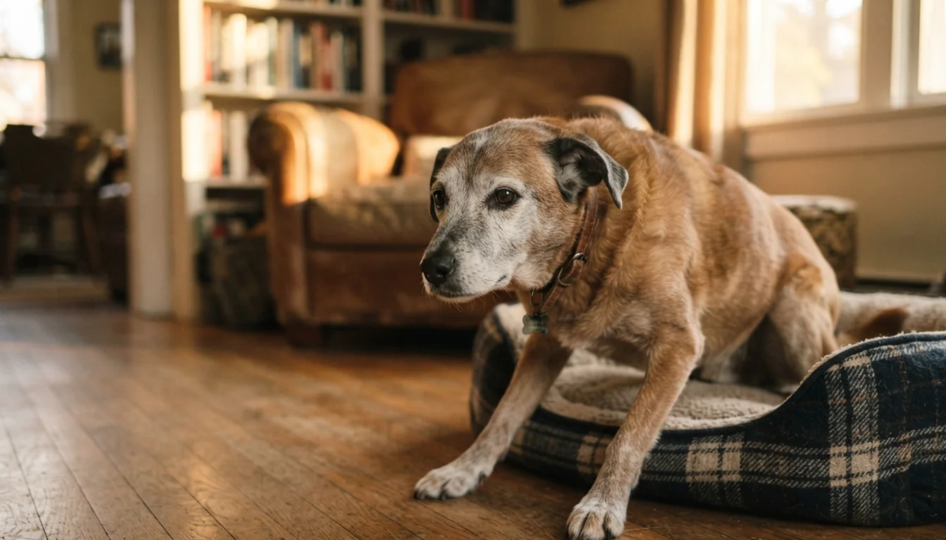 Perro senior levantándose con esfuerzo de su cama, un signo de dolor por artrosis que suele achacarse a la edad