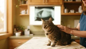 Cómo se diagnostica el asma felino: la radiografía y qué se ve en ella 7 Gata atigrada tranquila en la mesa de consulta con la radiografía de tórax al fondo, durante el diagnóstico de asma felino