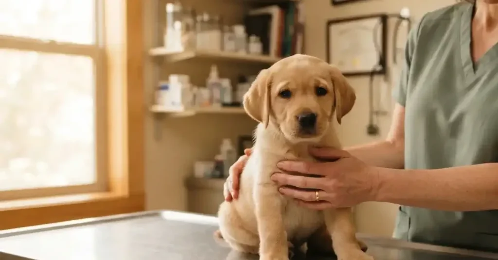 Calendario de Vacunación 1 Cachorro de labrador sentado en la mesa de exploración mientras una veterinaria lo revisa antes de vacunarlo